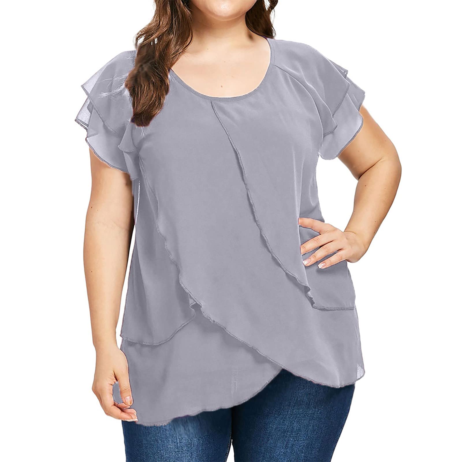 CCOOfhhc Blusas de manga corta para mujer, tallas grandes, blusas de verano, ligeras, holgadas, elegantes, sexys, informales, cómodas, de manga corta, cuello redondo, de gasa, de un solo color