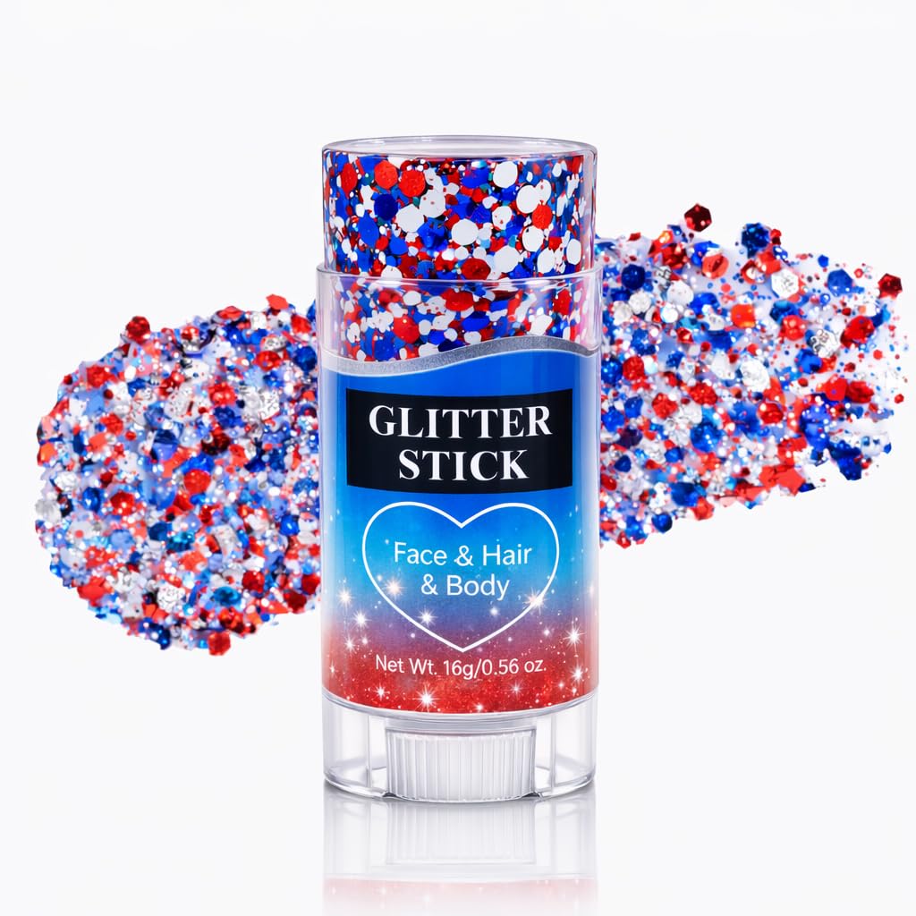Oiomniv 4th of July Red White & Blue Glitter Stick, Patriotic Glitter