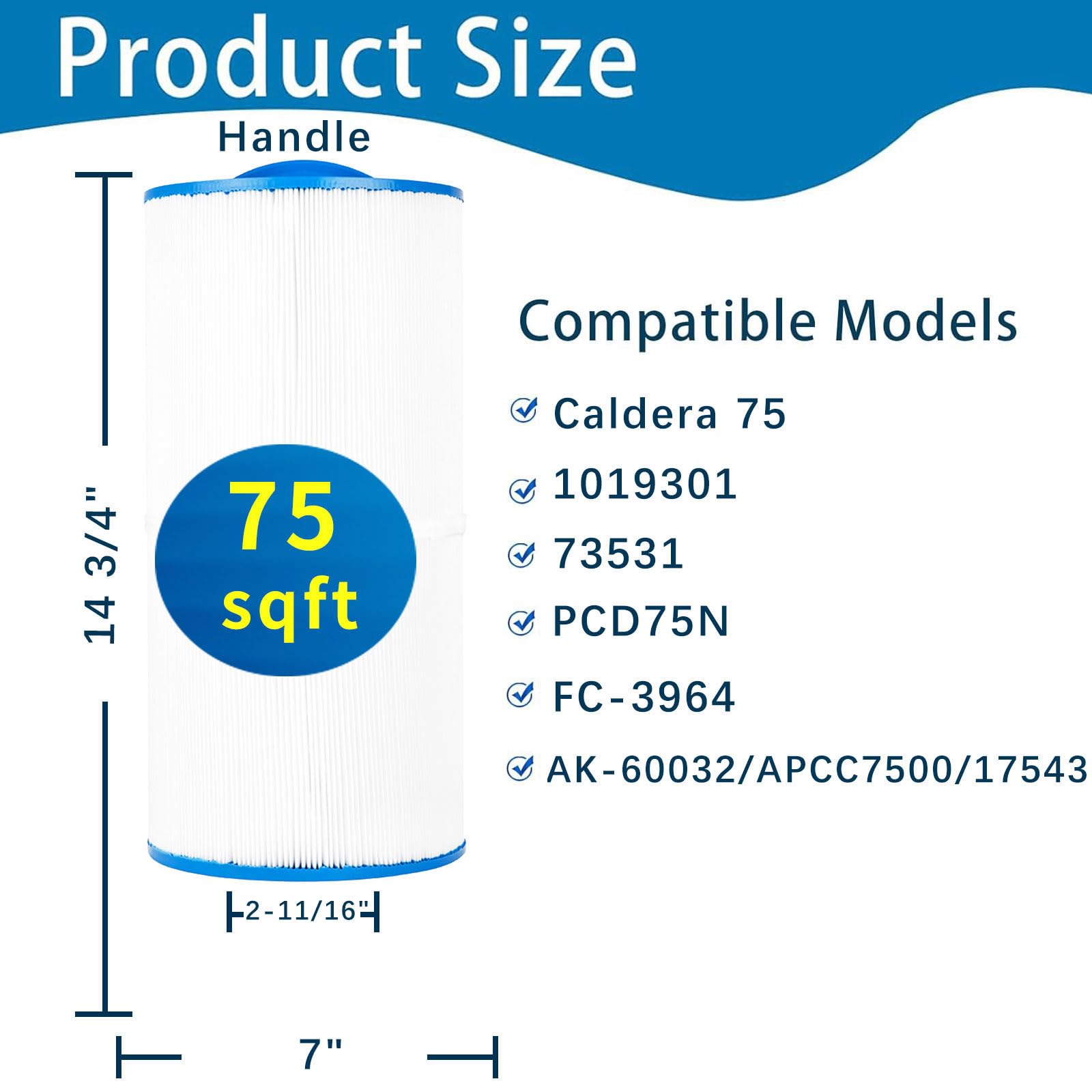Savener C-7375 Spa Filter Compatible with Pleatco PCD75N, Unicel C-7375, FC-3964, Caldera Spa 75, 1019301, 75 sq.ft Hot Tub Filter cartridges 2 Pack