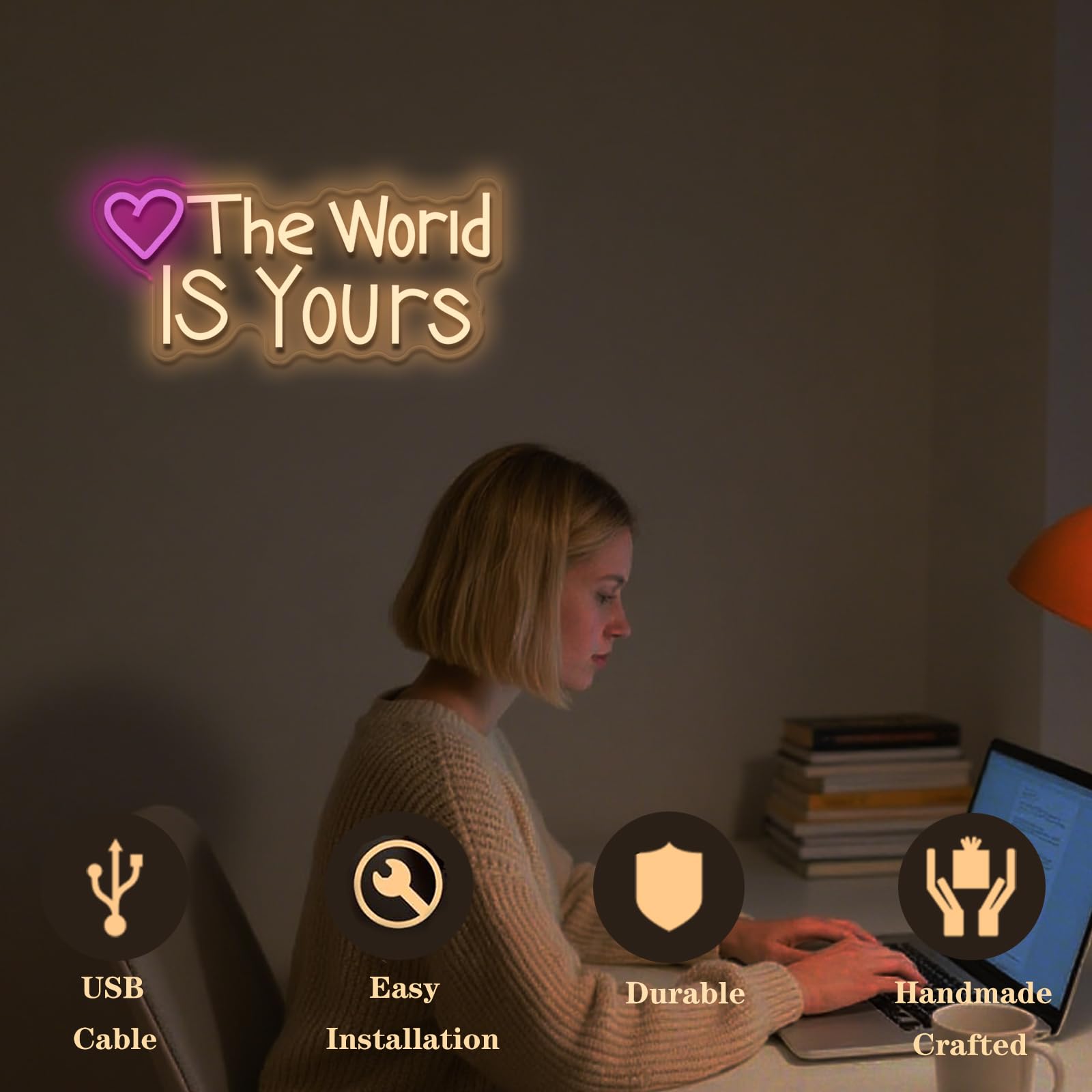 The World IS Yours Neonschild Today für Hochzeit, Geburtstag, Mädchen, Party, Wanddekoration, dimmbar, USB-betrieben, rosa Sonne und rosa Herz, motivierendes Geschenk für Frauen