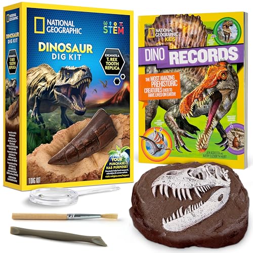 NATIONAL GEOGRAPHIC Dino Fossil Dig Kit & Dinosaur Book for Kids- Excavate a Replica Dinosaur Tooth Fossil and Study Paleontology with a Full-Color Dinosaur Activity Book for Kids (Amazon Exclusive)