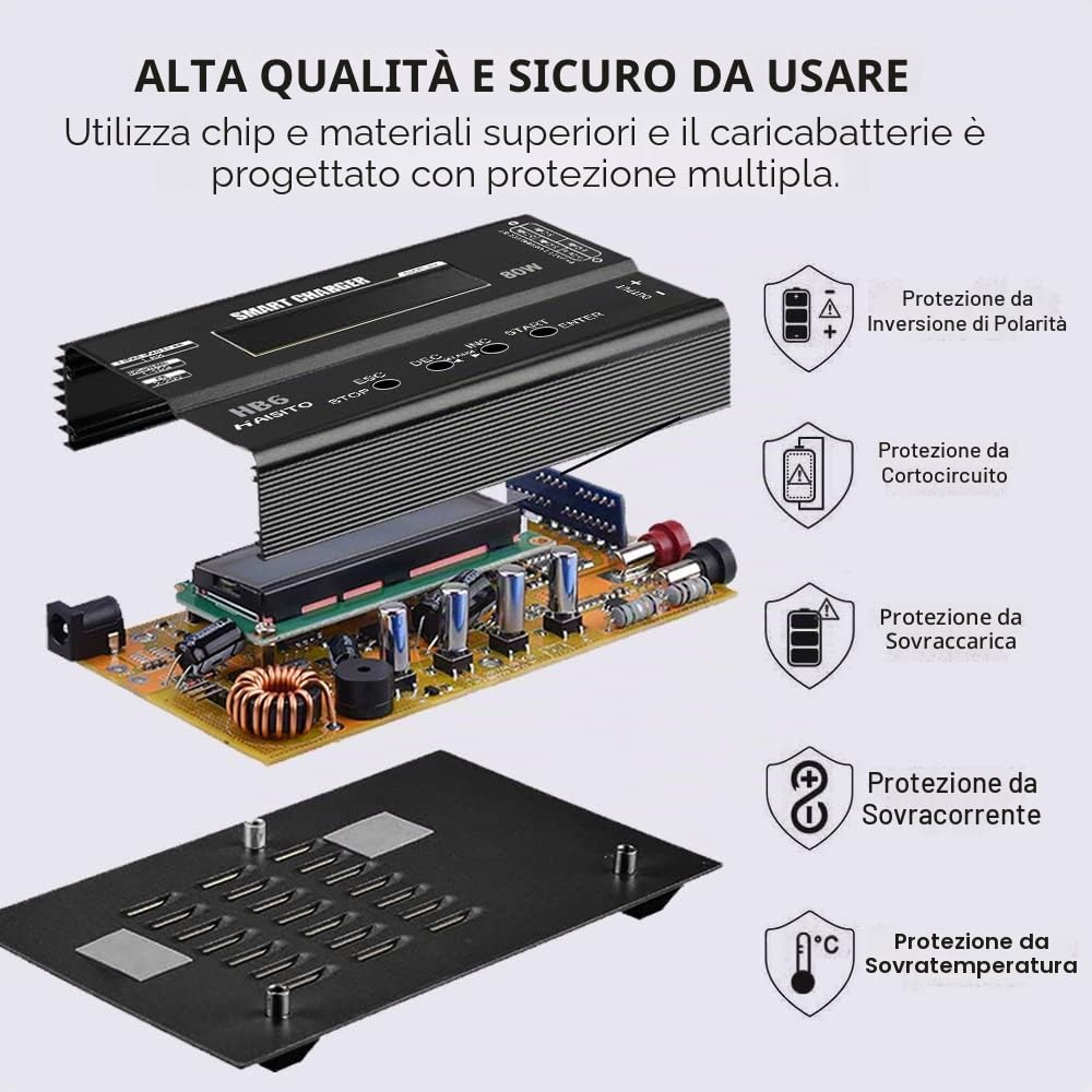 Haisito Caricabatterie Lipo 80W 6A Lipo Balancer per batteria Lipo/Li-Ion/Life (1-6S) e NiMH/NiCd (1-15S), caricatore RC con schermo LED, alimentatore e adattatore XT60 / Deans/JST/Futaba