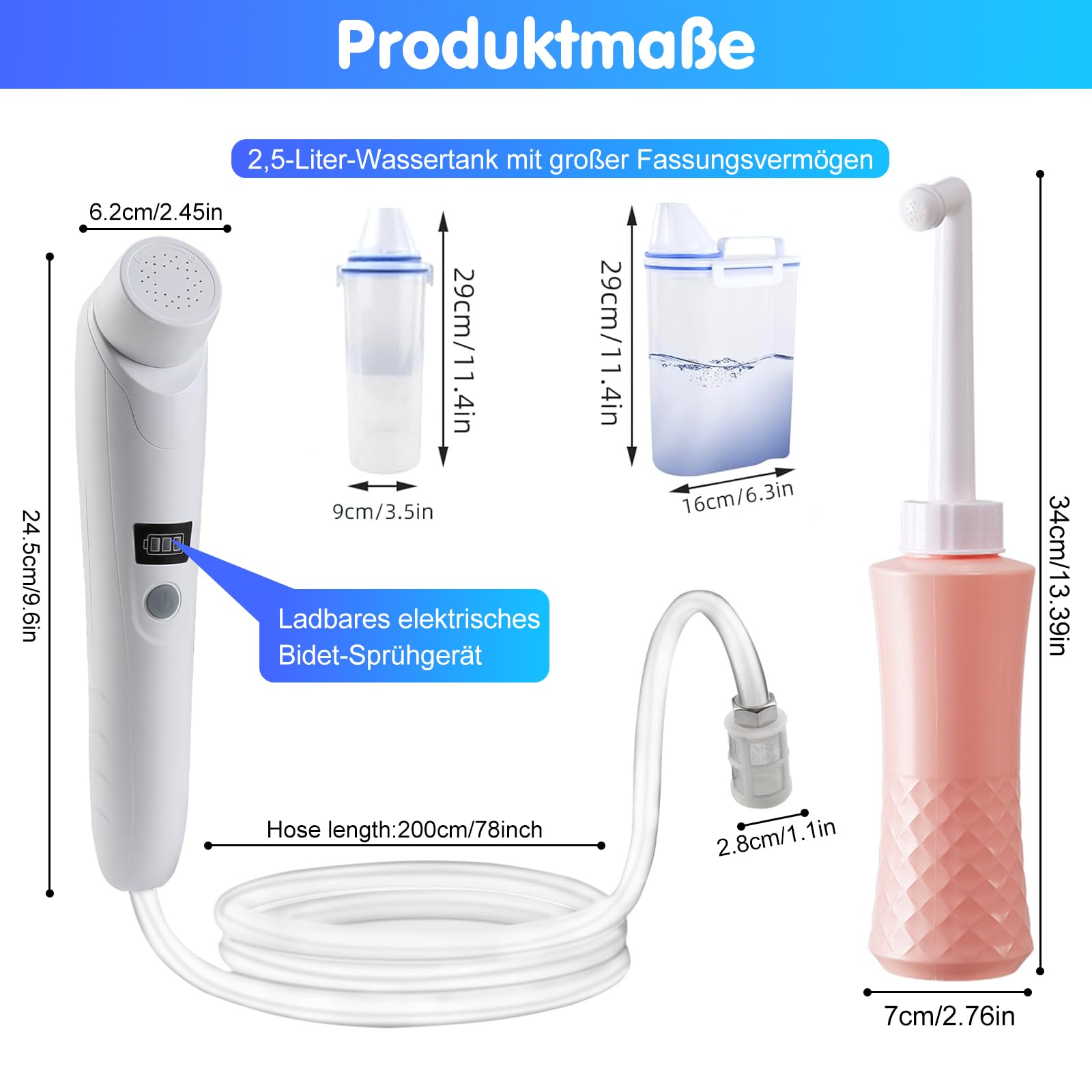 Bidet portatile, bidet da viaggio elettrico, doccetta per doccia con serbatoio dell'acqua, bottiglia per doccia intima, letto settimanale e toilette all'aperto, campeggio, per uomini e bambini