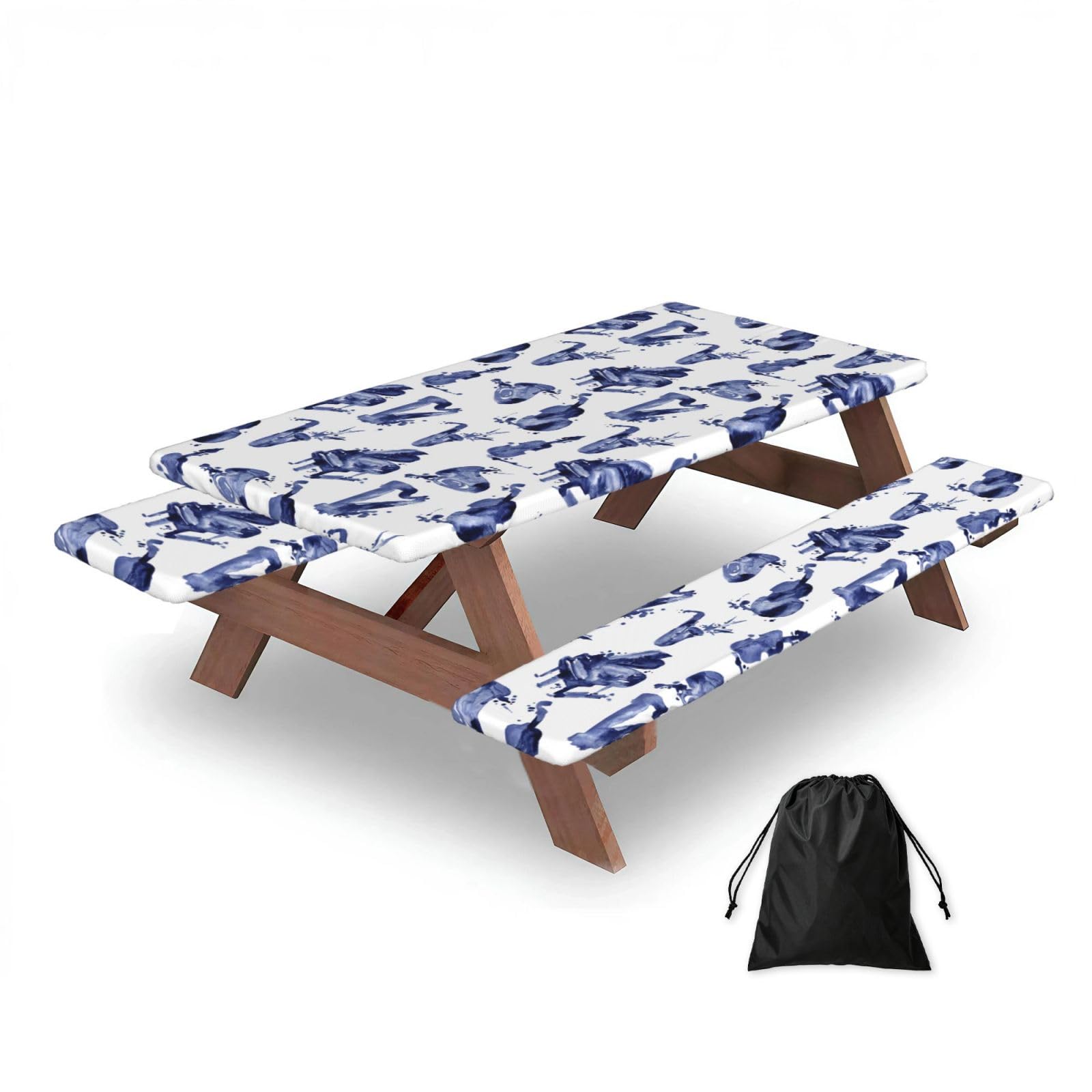 Dopklna As Picture Blues Saxophone Piano Cello Bass, Picnic Table Cover With Bench Covers -Waterproof Elastic Fitted Tablecloth For Garden Camping Patio 76X152cm