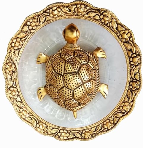 Indus Arts and Crafts Vastu Feng Shui Tortoise/Kachua/Turtle with Plate for Positive Energy Home Decor | Harmony & Prosperity | Metal Feng Shui Glass Plate Gold