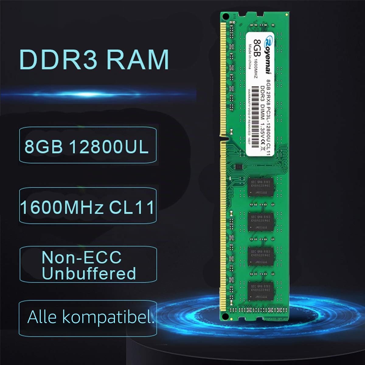 16GB Kit DDR3 12800U Dimm Arbeitsspeicher PC3L- 12800 DDR3L 1600mhz 2X8GB 2Rx8 1.35V/1.5V CL11 Arbeitsspeicher für Desktop Computer