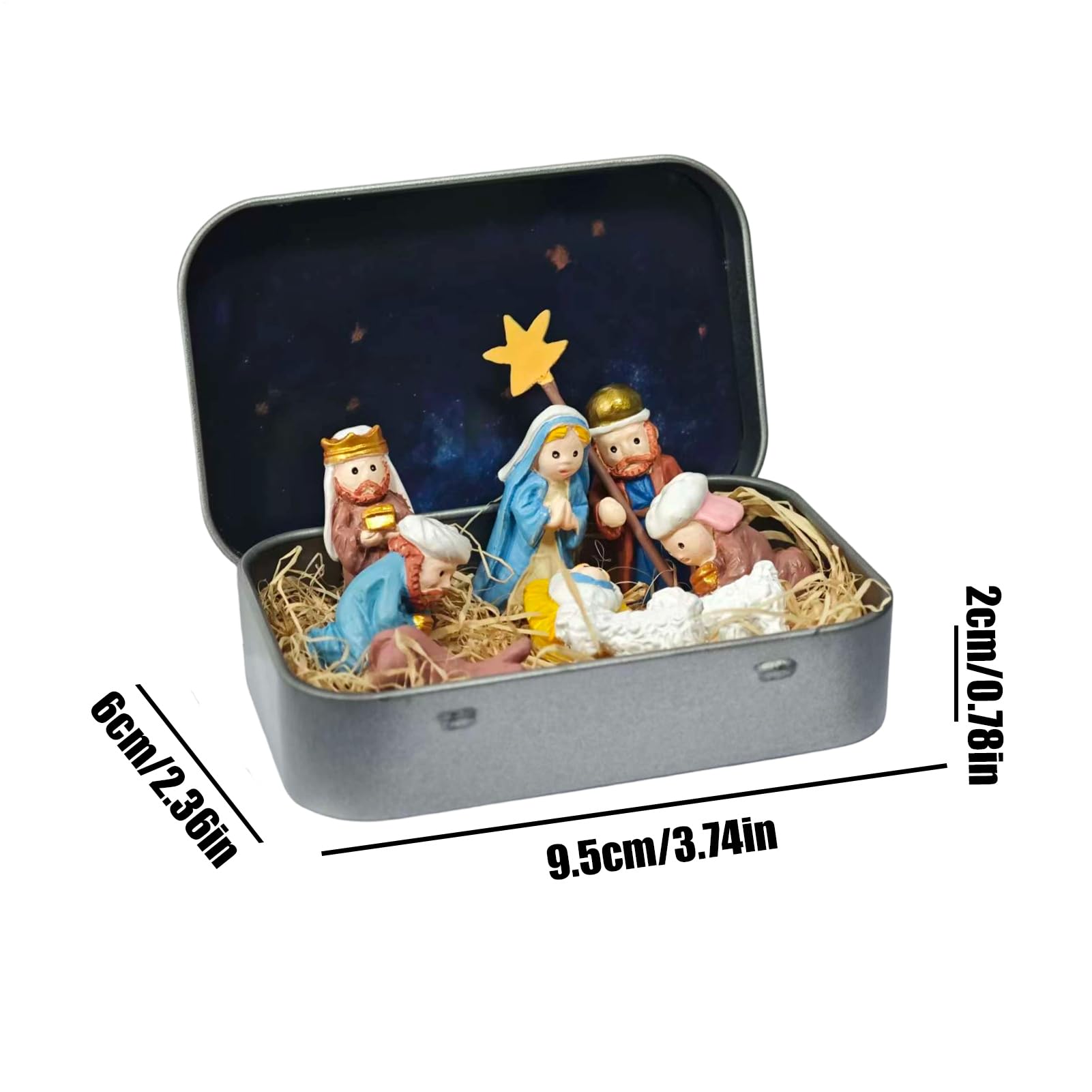 Mini Crèche De Noël En Boîte En Fer – 9,5x6x2 Cm – Résine Et Métal – Décoration Religieuse Portable Pour Bureau, étagère