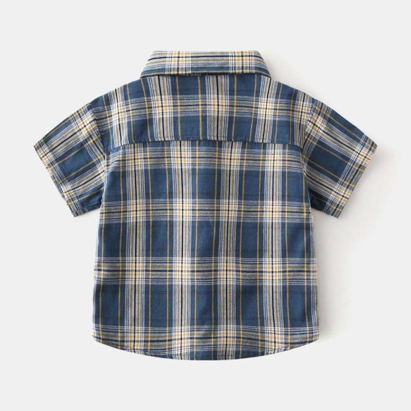 Boys Button Up Henley Shirt Plaid Solid Short Sleeve Summer Casual Formal Uniform Dress Shirts Tees Tops with Tie (Navy,18 Months)