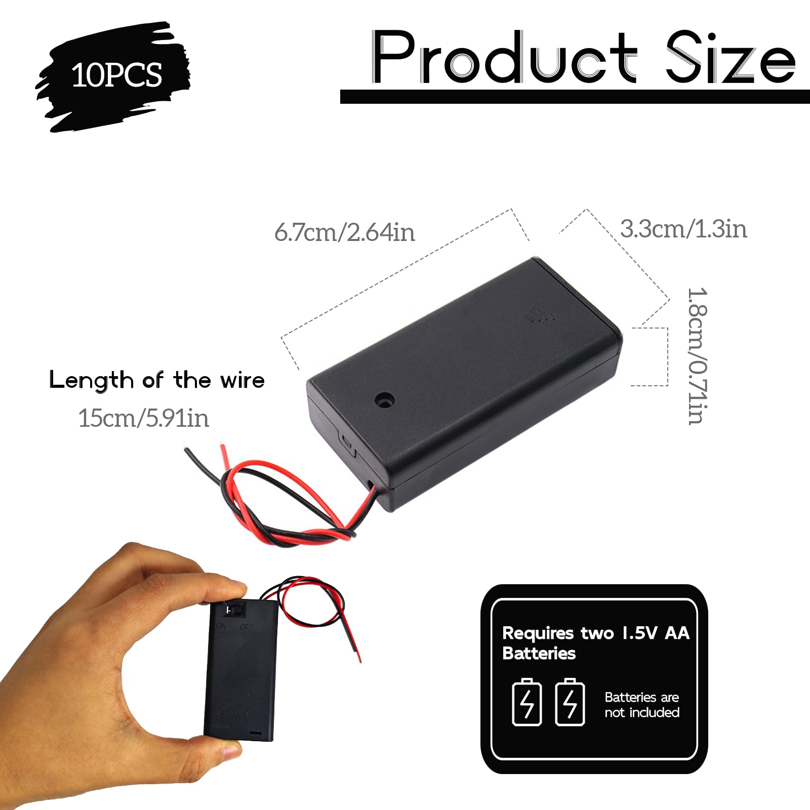 10 Piezas Soporte de Batería Plástico para 2 Pilas AA 3V con Tapa, Portapilas AA 2 Pilas, Interruptor On/Off y Cables de Conexión para Proyectos Electrónicos DIY y Reemplazo de Soportes Rotos - 3