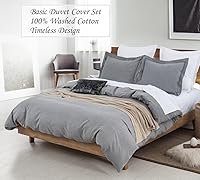 Vista 3 de DAUAOTO Juego de funda de edredón de algodón lavado suave color gris cambray, cierre de cremallera, tamaño Queen, color gris claro