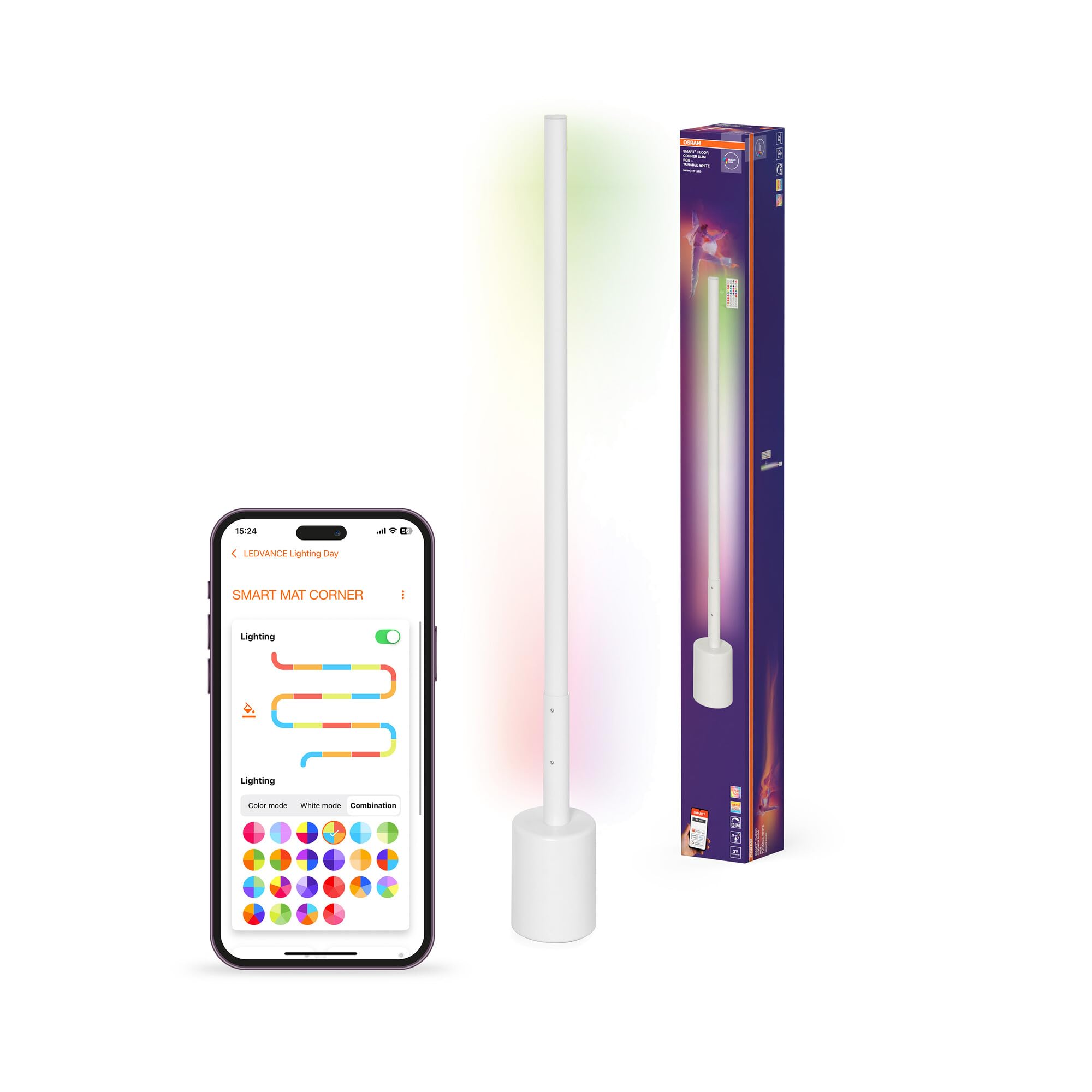 Osram SMART+ WIFI LED Eck-Stehleuchte, schmal, weiß, 8W, 540lm, regulierbares Weiß- & Farblicht, dimmbar, DIY- & Musikrhythmusfunktion, lange Lebensdauer, App-steuerbar, 2700-6500K