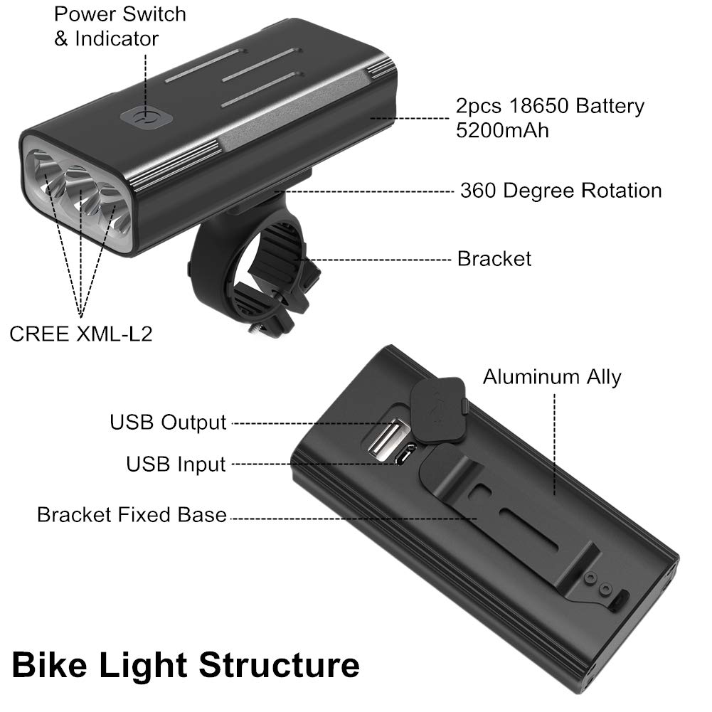 WASAGA Reflektor rowerowy, 2400 lumenów XML-L2 Przednie oświetlenie rowerowe LED, akumulator 5200mAh / 2400mAh, 10 godzin / 5 godzin pracy, 3 tryby oświetlenia rowerowego dla bezpieczeństwa roweru