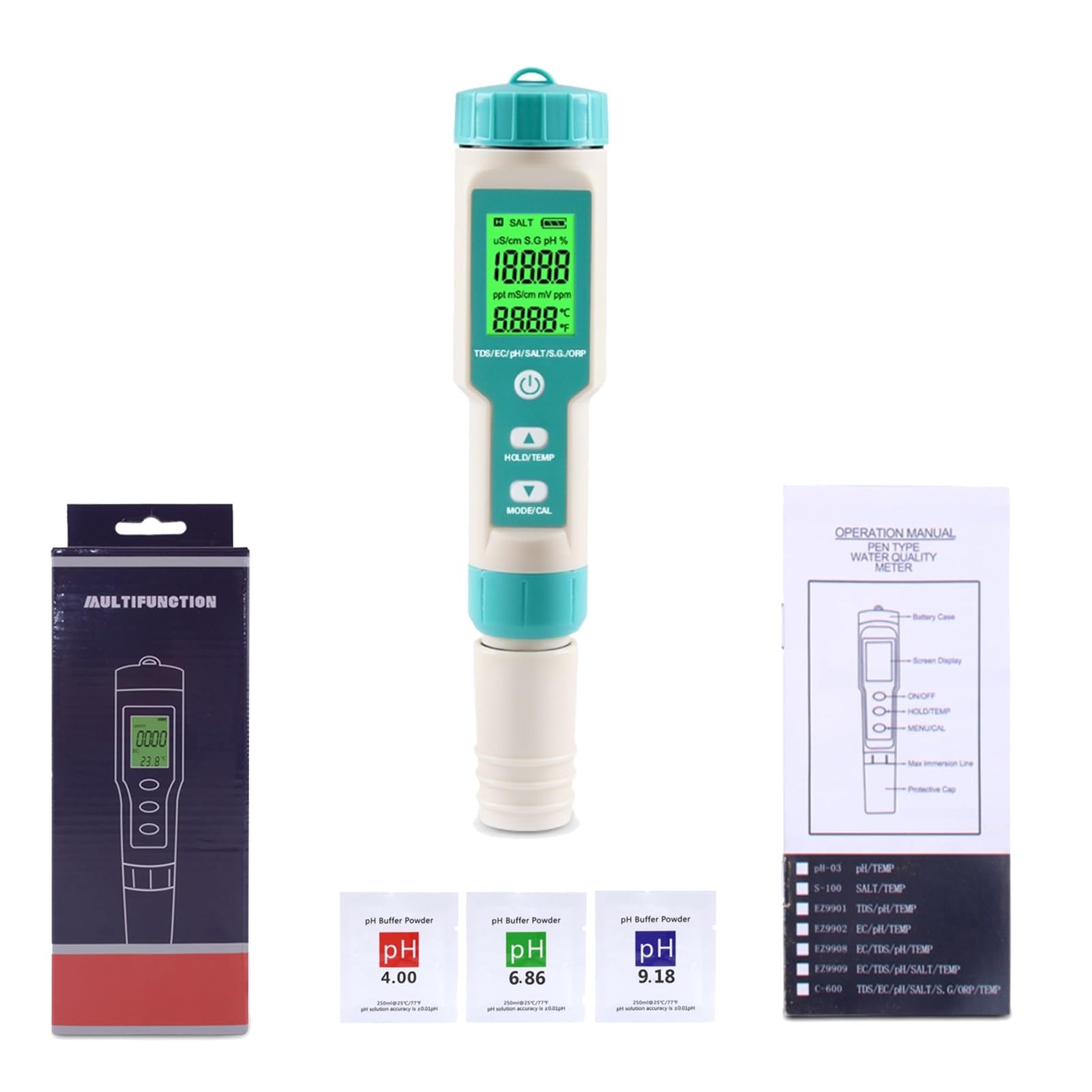 Testeur de qualité de l'eau Multifonction | Mesure Le pH, la conductivité, Le TDS, la salinité, Le potentiel redox, la SG et la température | Grand écran LCD