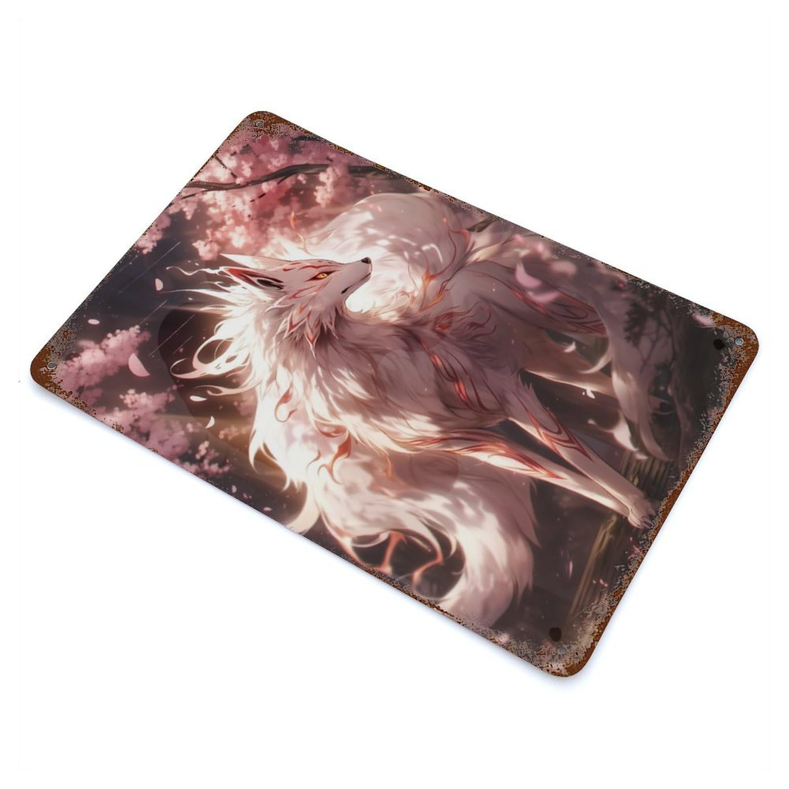 White Sakura Kitsune Rusty Metal Tin Sign 11.8"x7.9", for Living Room, Hallway And Home Decor, Old School Wall Decor