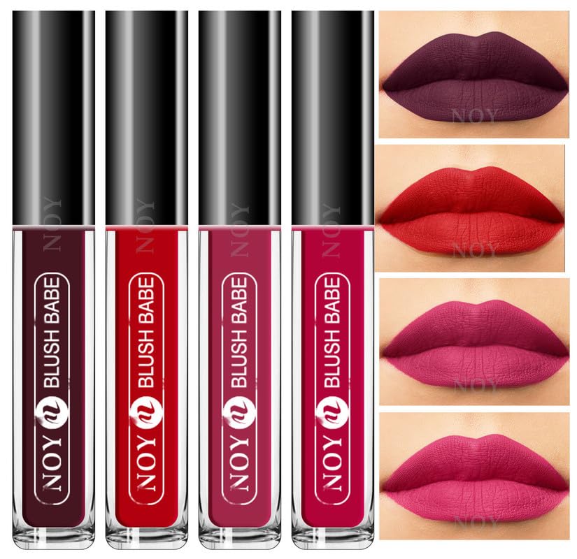 Image of NOY Beauty High Tech Smudgeproof Matte Liquid Lipstick Innovation At Its Finest Wine, Red, Purple, Magenta (Combo-4)