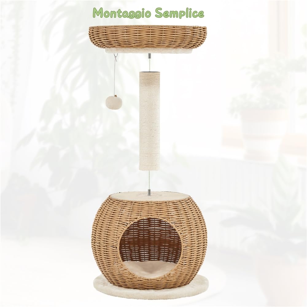 Albero Tiragraffi per Gatti 75 cm Cuccia per Gatti in Rattan Intrecciato PE con Cestino Superiore Rotondo in Sisal e Palla Appesa Beige