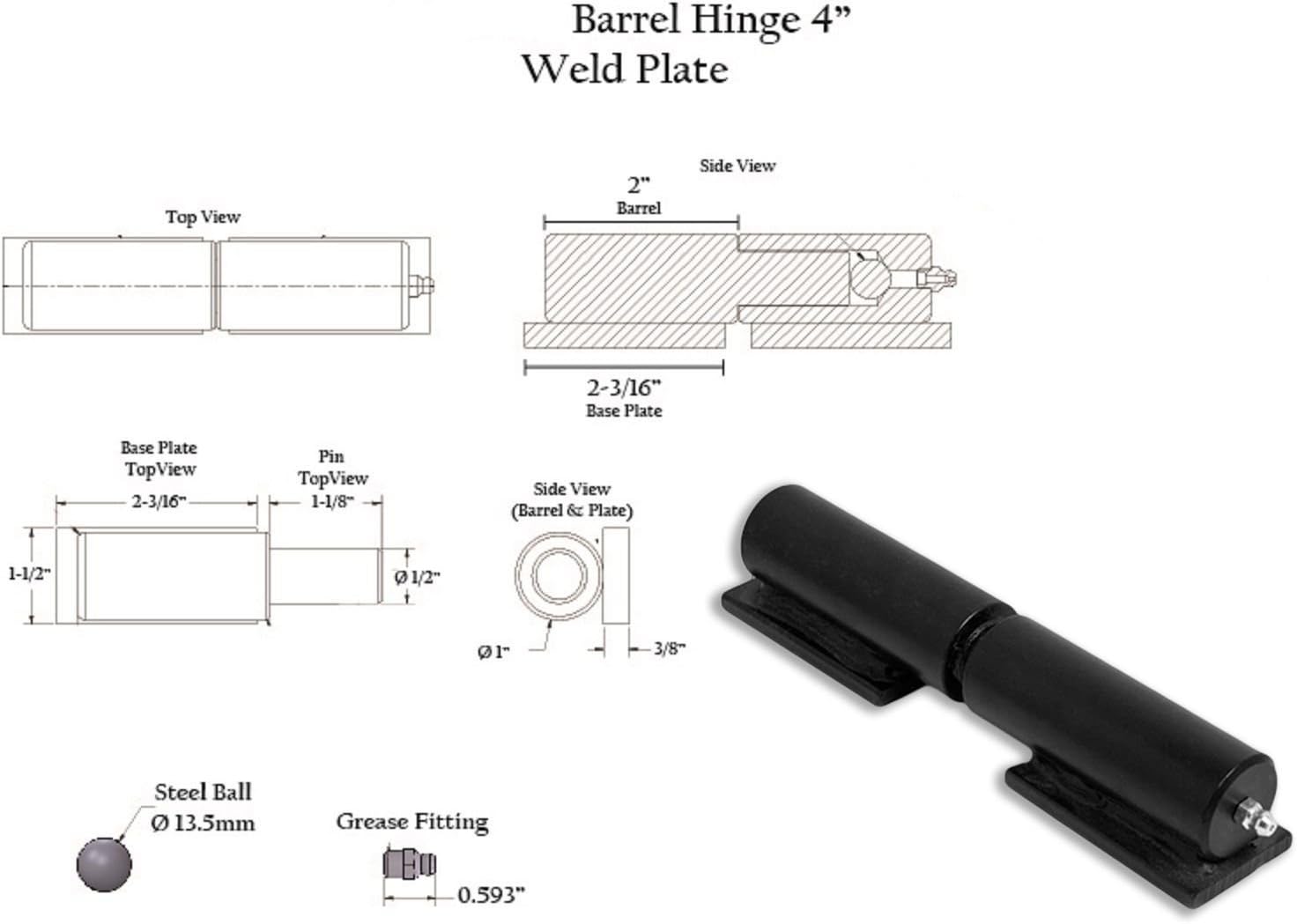 4" Barrel Gate Hinge Heavy Duty with Grease Zerk Fitting and Weldable Plate ( Lot 10 Pair )