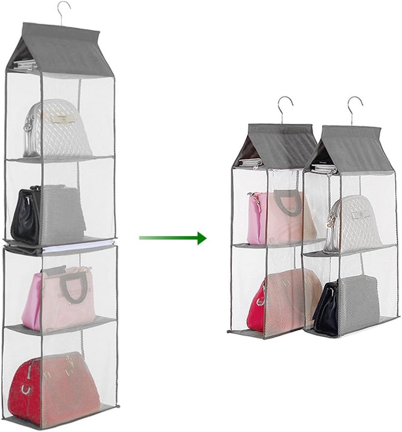 4-Tiers Non-woven Detachable Closet Bags Organizer Handbags Hanging Shelf Collapsible Clothing Accessories Storage Holder-Grey