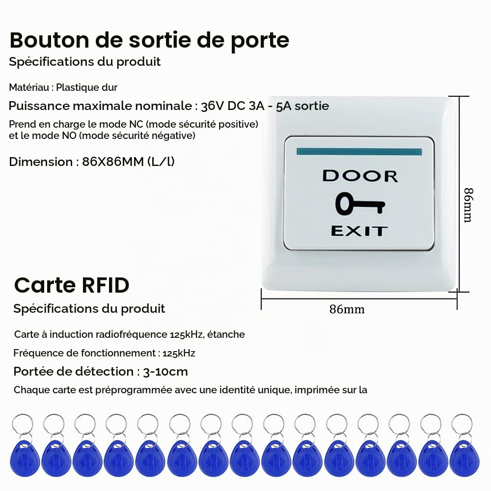KUMU Système de Contrôle d'Accès de Porte RFID Étanche Extérieur Clavier en Métal + Serrure Magnétique 180KG + Couvercle Étanche à la Pluie + Bouton de Sortie + 15pcs Porte-clés pour la Maison/Bureau