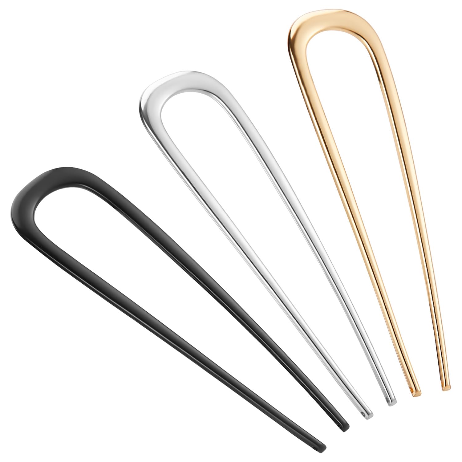 BEoffer French Hair Pin 3PCS Metal Hair Pins for Women Elegant French Twists, Buns and Updos with No Hair Damage, U-shaped French Pin Great Hold and Comfortable Keeps Hair in Place (Gold Black Silver)