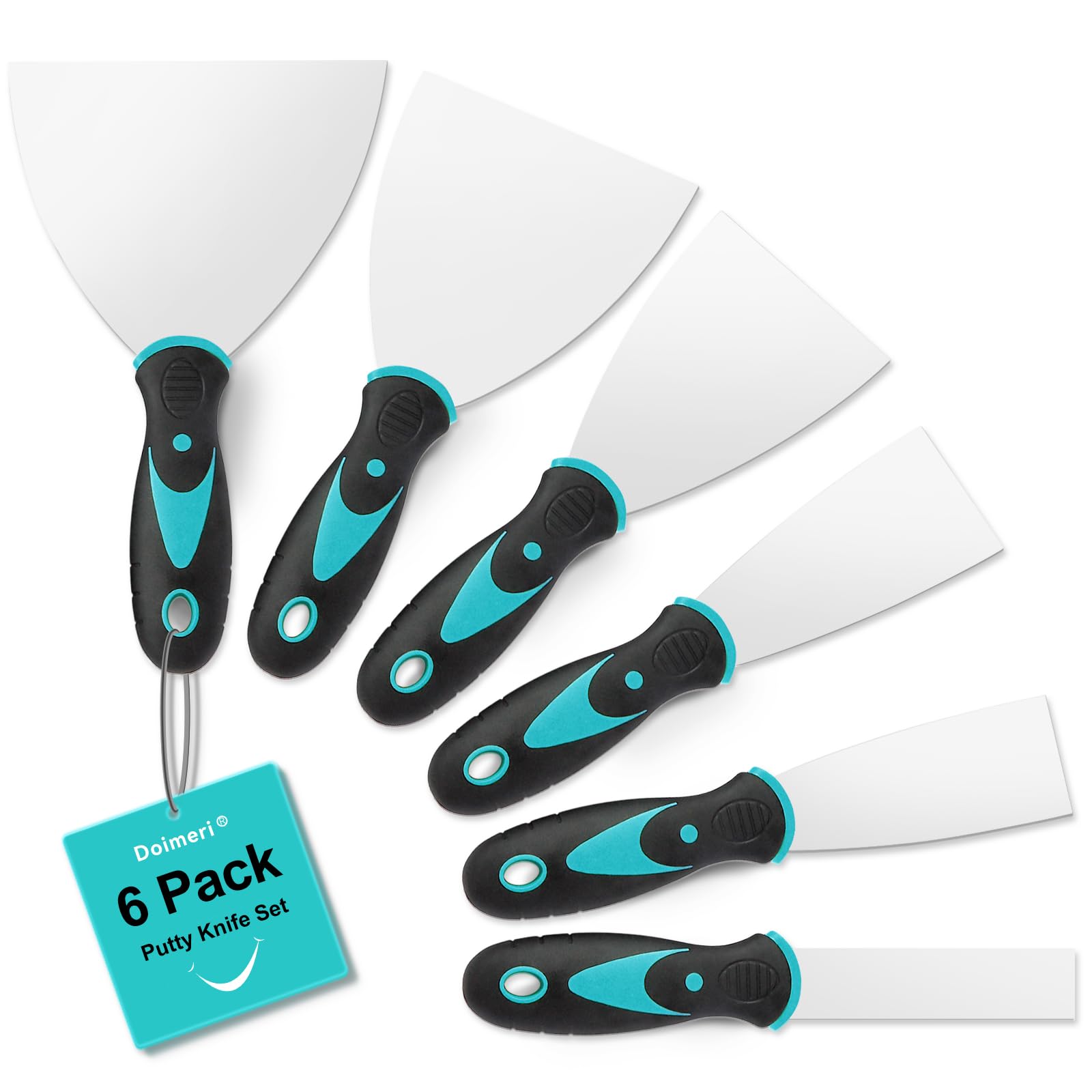 Doimeri 6 Pack Putty Knife, 1” 1.5” 2” 3” 4” 5” Spackle Knives, Premium Stainless Steel Paint Scraper, Perfect Tools for Repairing Drywall, Removing