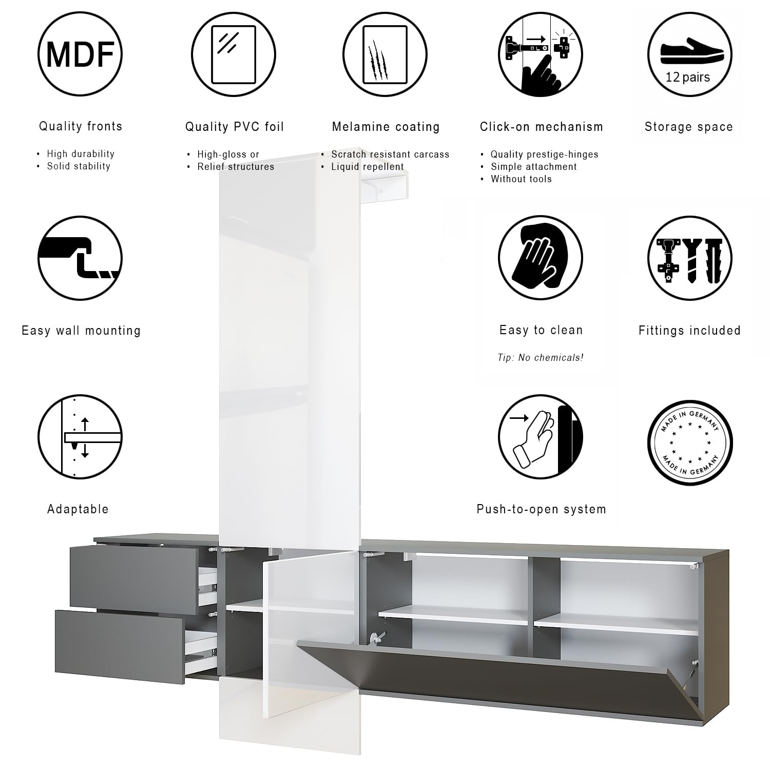 Vladon Garderobe Carlton Set 1, Made in Germany, Flur-Garderobe aus Deko-paneel, Schubladen-Kommode & Schuhschrank, Anthrazit matt/Bronze Optik (209 x 193 x 35 cm)