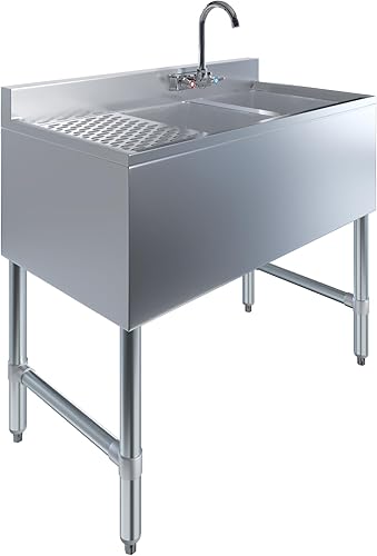 AmGood Fregadero de 2 compartimentos debajo de la barra con escurridor izquierdo de 12 pulgadas y grifo - 36" X 18 34". NSF. Fregadero comercial de