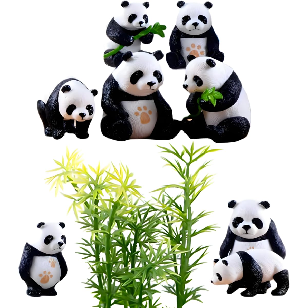 8 PCS Solid Panda Figurines Set with 10 Bamboo Trees Cake Topper DIY Kits Realistic Cute Panda Ornament Birthday Party Decorations Supplies