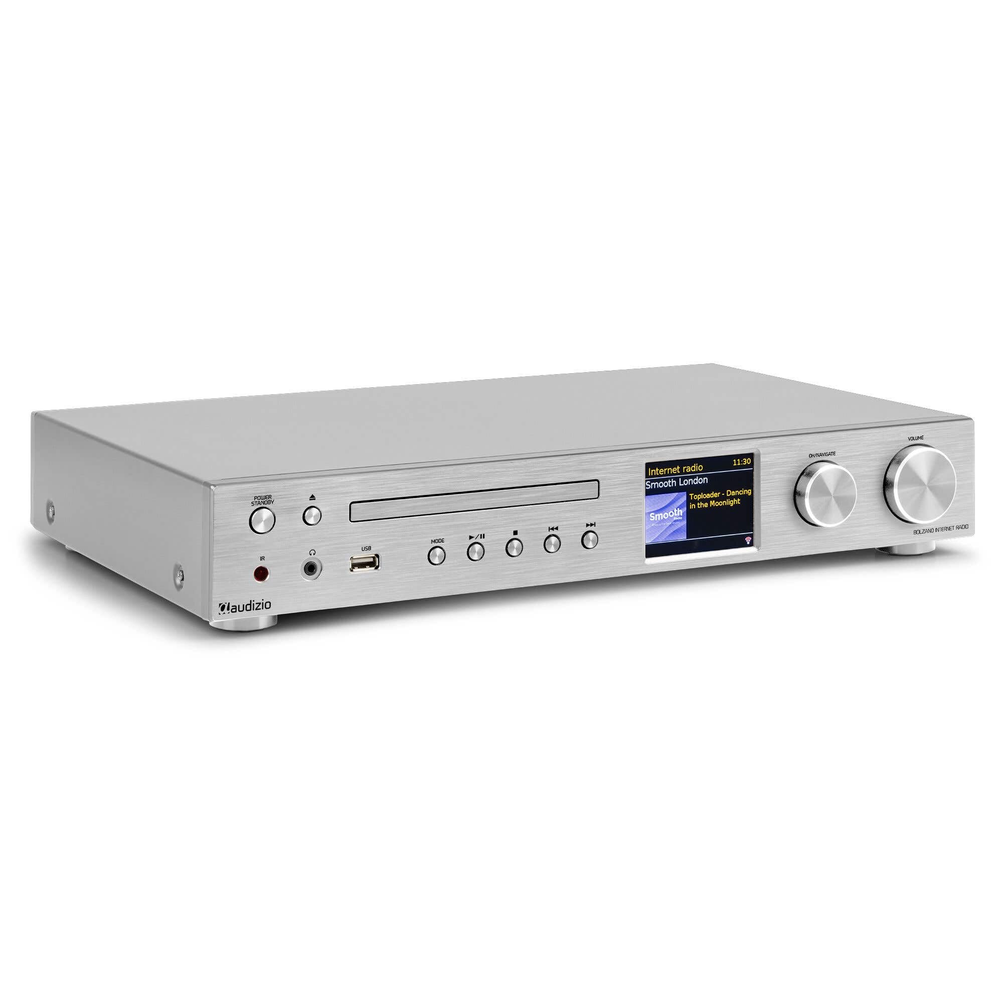 Audizio Bolzano, Internetradio WLAN, DAB Radio mit CD-Player, Spotify Player, Receiver 2x50 Watt, Bluetooth, Wecker, Fernbedienung, App-Steuerung, Toslink, Subwoofer-Anschluss, DAB+ FM, Silber