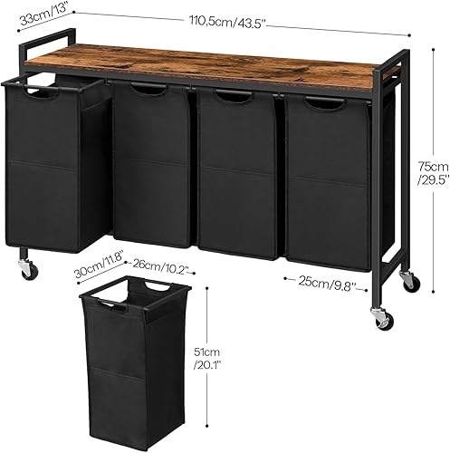 Miniatura 3 de HOOBRO Clasificador de ropa sucia de 4 secciones, cesta de lavandería con ruedas, 4 × 10.5 galones (40 L), cesta de lavandería rodante, bolsas de