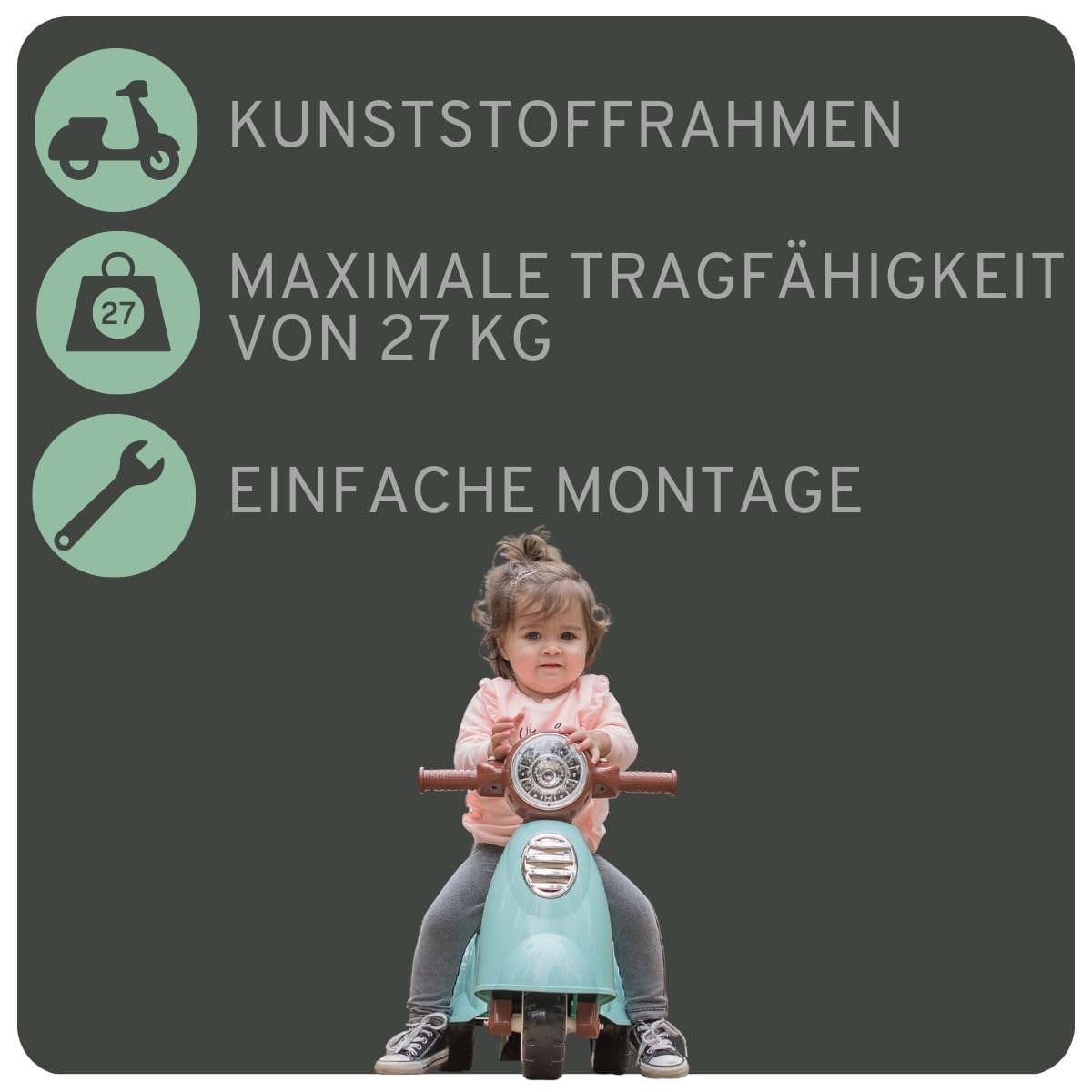 Bandits & Angels Riding Car Scooter Retro ab 1 Jahr für Jungen und Mädchen Mintgrün – grüner Laufroller mit Hupe – für drinnen und draußen – mit Stauraum