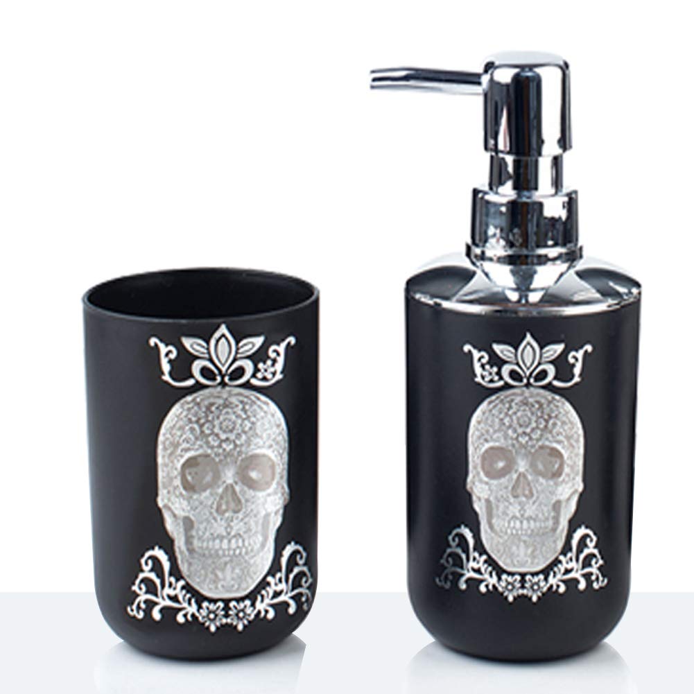 Juego de accesorios de baño de Halloween, 6 piezas de plástico, dispensador de jabón, soporte para cepillos de dientes, vaso, jabonera, papelera, soporte para escobillero de inodoro para encimera 5