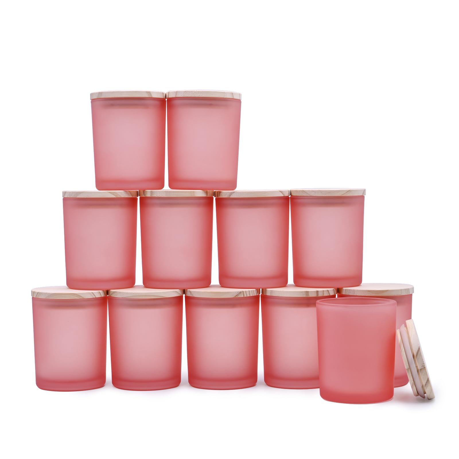 SHOWIN Thick Candle Jars for Making Candles 12 Pcs, 7 OZ Empty Jars with Wood Lids for Candle Making, Sample Container, Frosted Pink