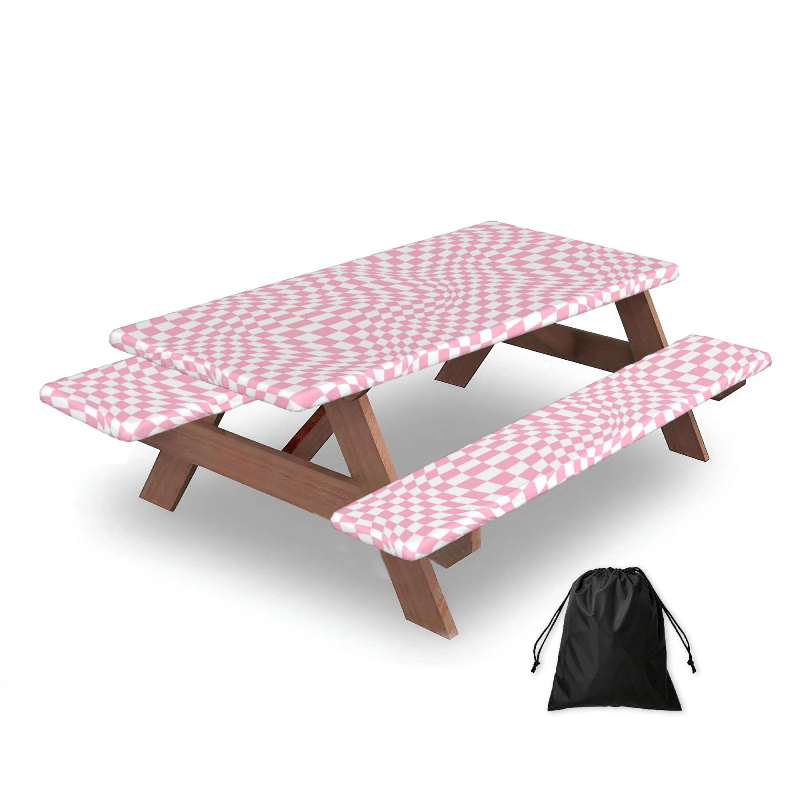 Dopklna As Picture Pink Checkered, Picnic Table Cover With Bench Covers -Waterproof Elastic Fitted Tablecloth For Garden Camping Patio 76X152cm