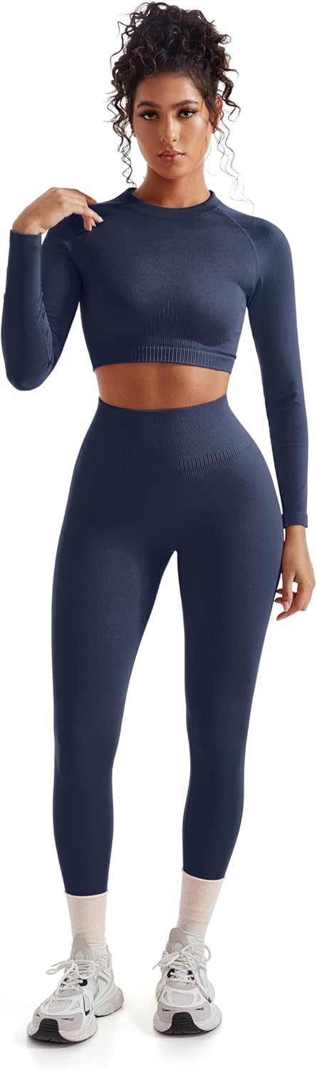 SUUKSESS Women 2 Piece Workout Sets Hidden Scrunch Hip Lifting Seamless Leggings Long Sleeve Yoga Crop Tops - Image 2