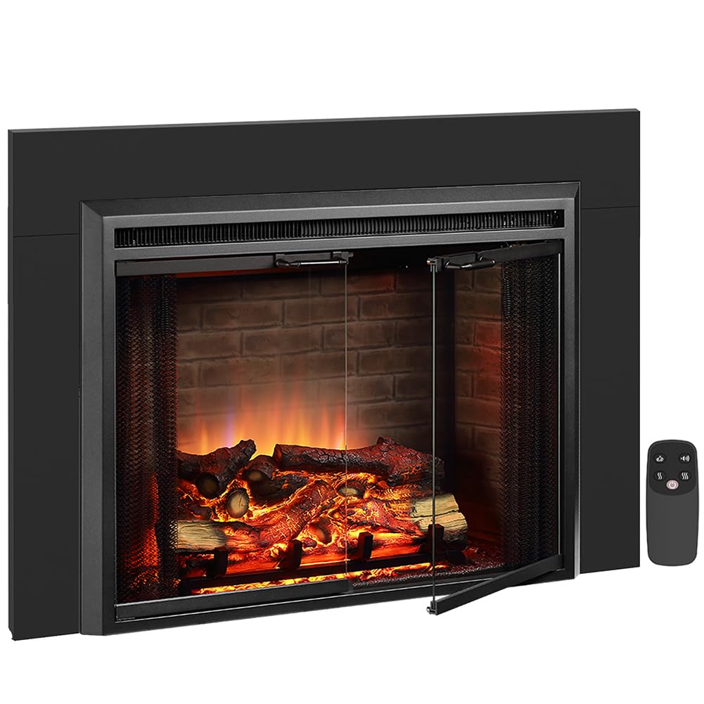 PuraFlame Klaus 33” Electric Fireplace Insert with Trim Kit, Fire Crackling Sound, Resin Log, Glass Door and Mesh Screen, 750/1500W Heater, Black