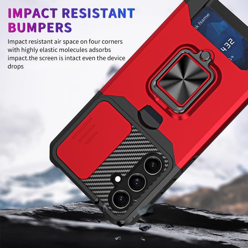 Image of LuxuryKase Shockproof Armor Case for Samsung Galaxy S25 FE | Slide Camera Cover | Hidden Card Slot | Rotating Ring Kickstand | Magnetic Car Mount Support | Military Grade Protection - Red