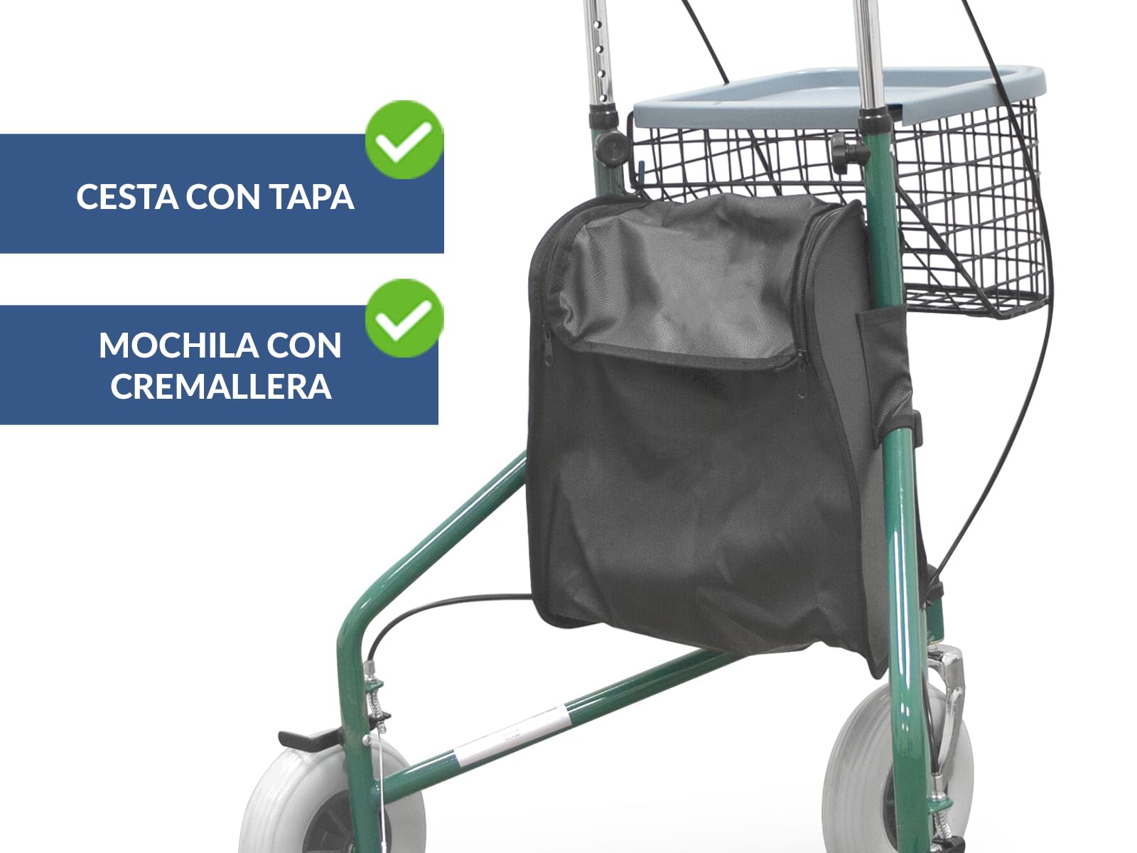 QUIRUMED Andador plegable de 3 ruedas, Con canasto y mochila, Frenos en las manetas, Regulable en altura, Color verde, Para mayores, Para minusválidos, Ligero