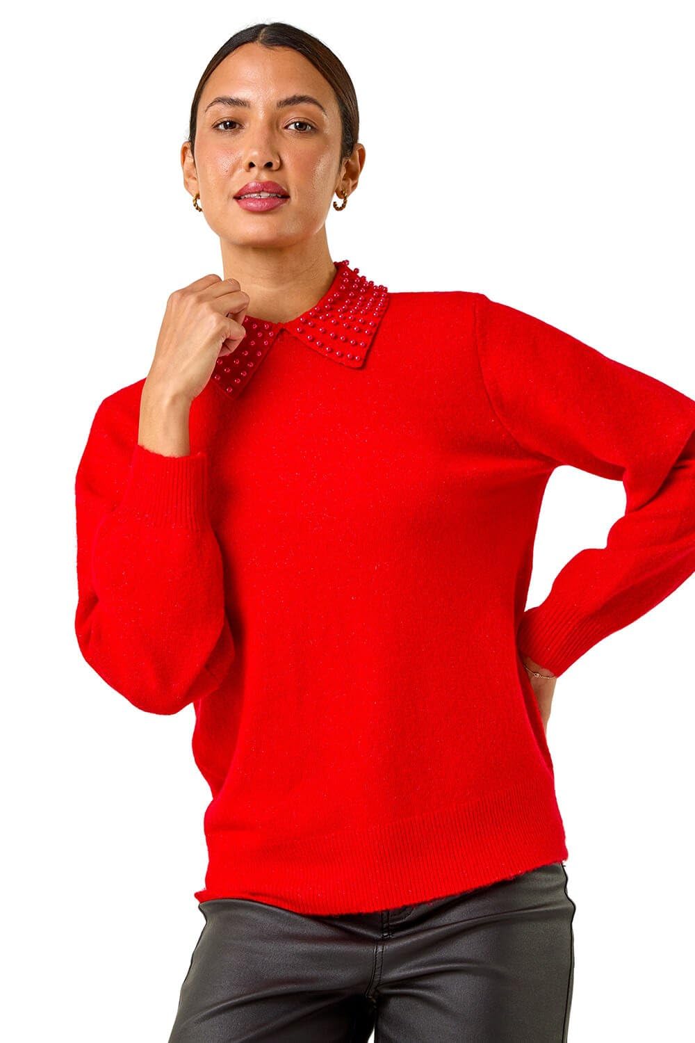 Roman Originals Women's Red Faux Pearl Collar Jumper For Uk - Everyday Autumn Winter Comfy Soft Evening Vacation Work Party Night Out - Size 16