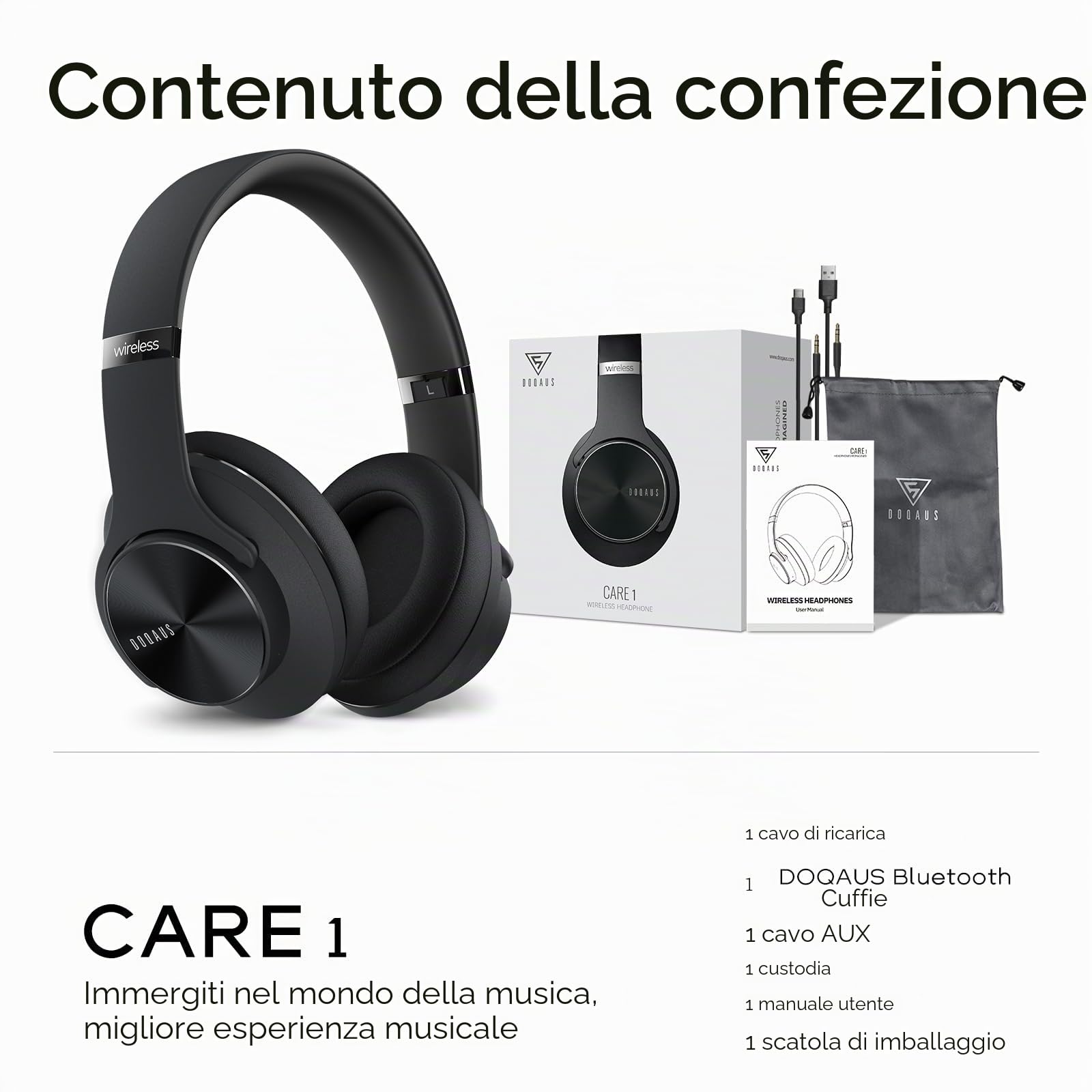 DOQAUS Cuffie Bluetooth Over Ear con APP,Nero | 90 ore di autonomia, 9 modalità EQ, Bluetooth 5.4, microfono integrato, pieghevoli per lavoro, viaggio, musica