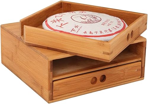 Miniatura 5 de Caja de bambú para pastel de té Puerh con cajón, organizador de almacenamiento de té Pu Erh para amantes del té Pu Erh para soporte y almacenamiento