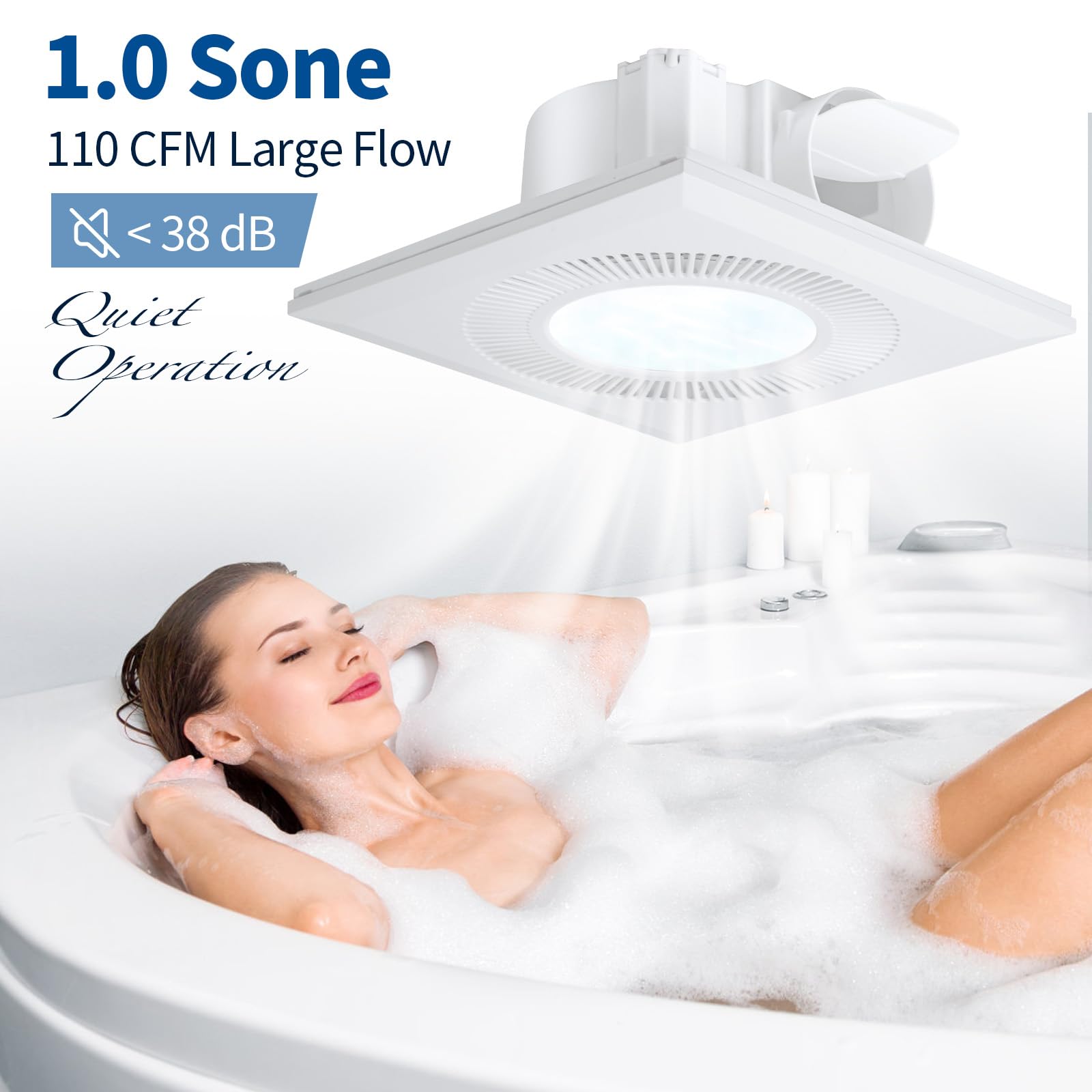 Bathroom Exhaust Fan With Light – 110CFM, 1.0 Sones, 1200lm LED, 3 Color Temperatures