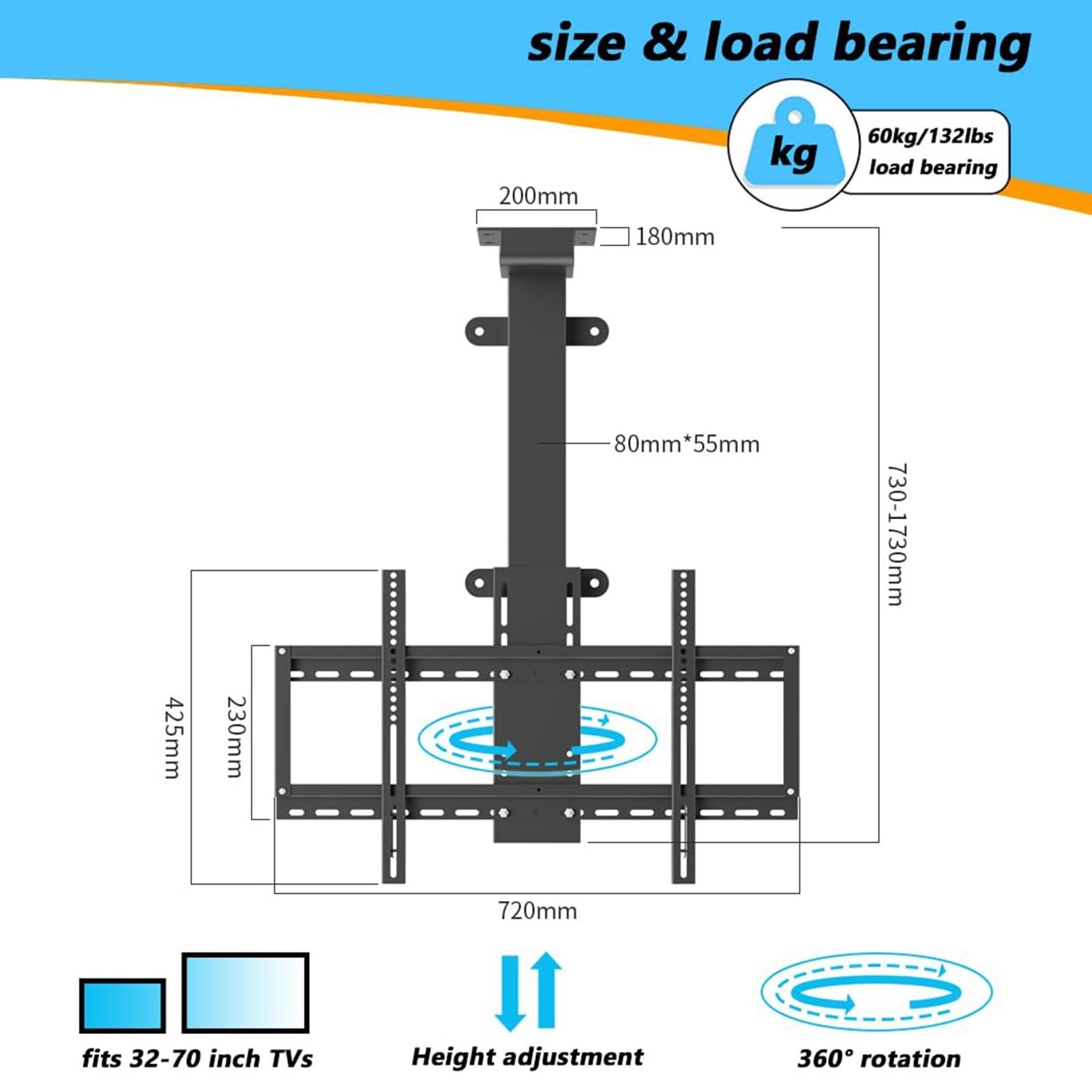 Elevador Eléctrico Ajustable para TV - Soporte De Techo Motorizado para TV, con Control Remoto, Elevador De TV con Rotación Manual De 360°, para TV De 32 A 70 Pulgadas
