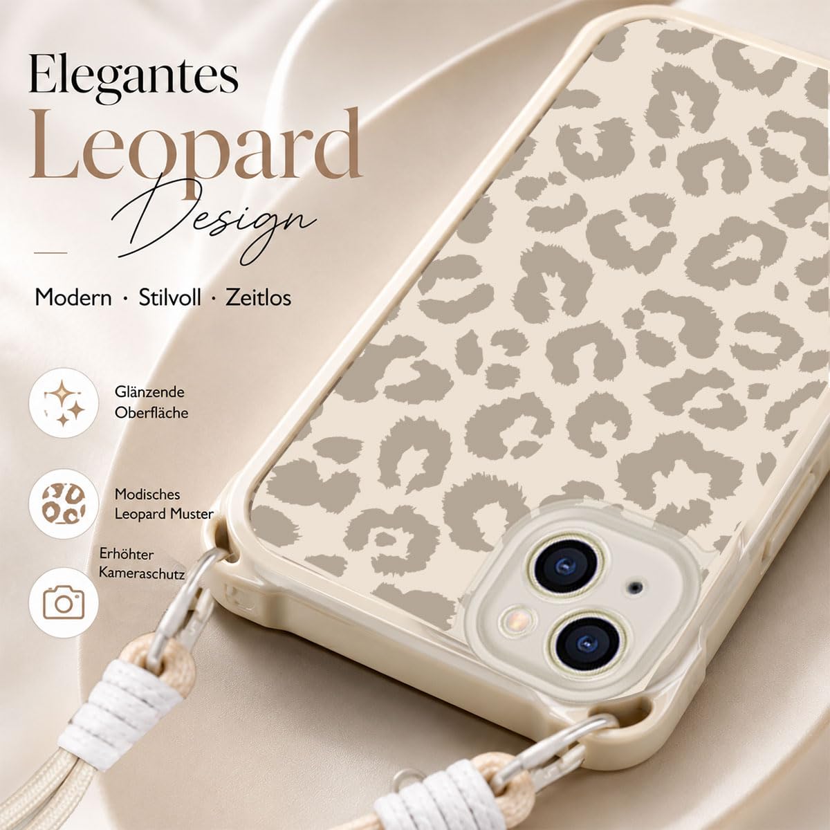 Etui na telefon komórkowy iPhone 15 6,1", Aesthetic Leopard, dla kobiet i dziewcząt, wzornictwo ze sznurkiem, zdejmowany łańcuszek, ochrona aparatu, odporne na uderzenia, silikonowe etui ochronne