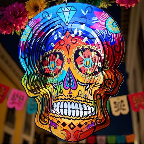 Goolyrusim Metal Wind Spinner - Sugar Skull Wind Spinners, Kinetic Hanging Wind Sculpture 3D Skeleton Wind Catcher for Yard and Garden Decoration Outdoor Decor, Unique Gifts for Halloween, Christmas