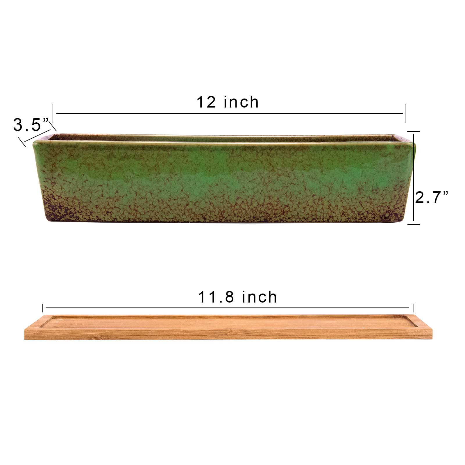 Sukkulenten-Blumentöpfe, 30 cm lang, rechteckig, Sukkulenten-Blumentöpfe mit Drainage, Bambusschalen, große Keramik-Kaktus-Blumenpflanzen für Innen- und Außenpflanzen, Heimdekoration, Grün