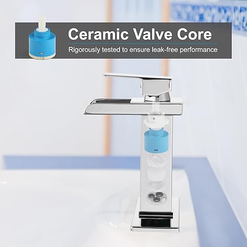 Miniatura 5 de Grifo de cascada, grifo de lavabo de baño de una sola manija de cromo pulido, acero inoxidable con grifo de drenaje desplegable adecuado para baños,