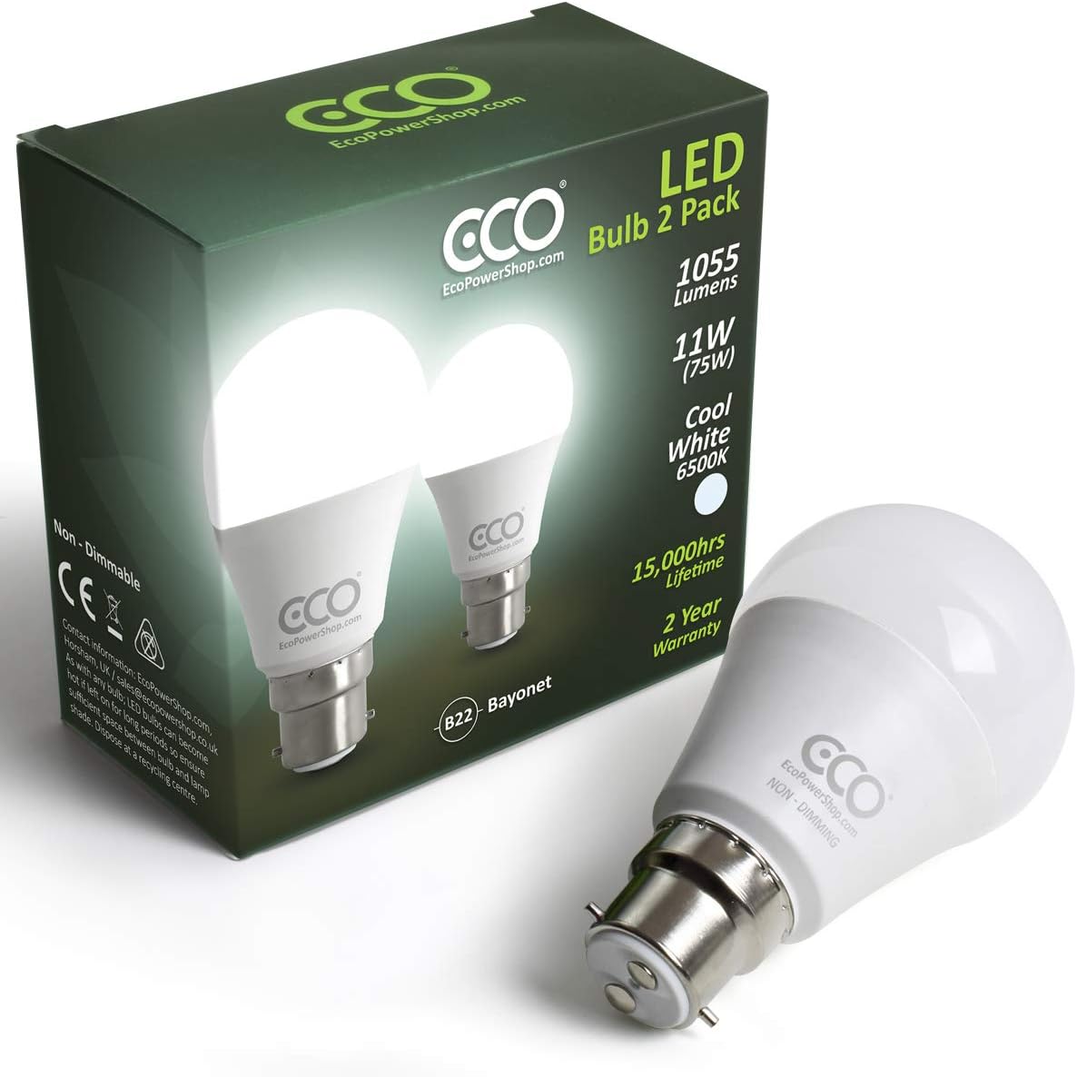 ECO 2 pin B22 Light Bulbs, Energy Saving 11W LED, 1055 Lumens