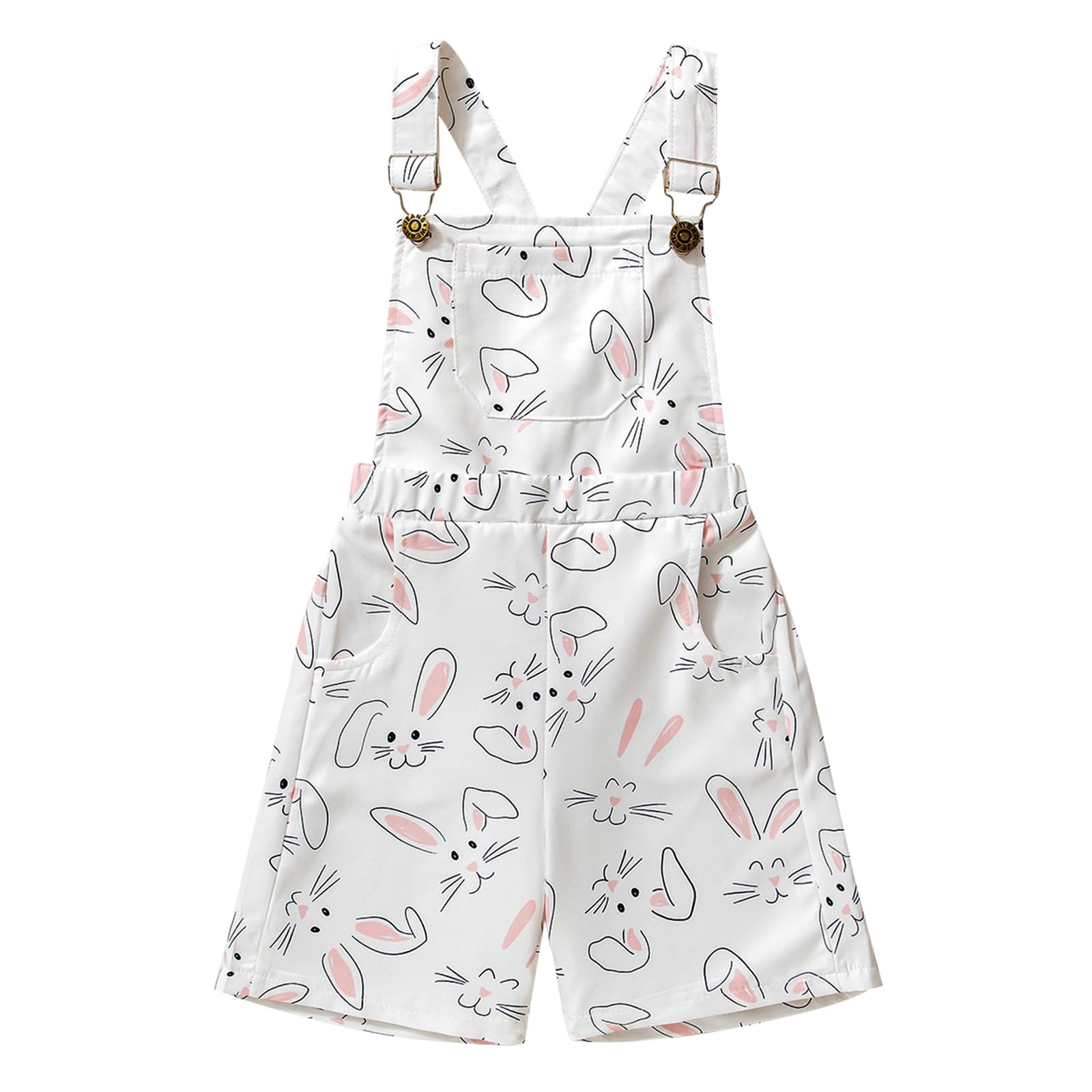 BULINGNA Toddler Infant Baby Girl Overall Shorts Square Neck Suspender Jumpsuit with Pockets Easter St. Patrick's Day Outfit (White-Pink, 6-12 Months)