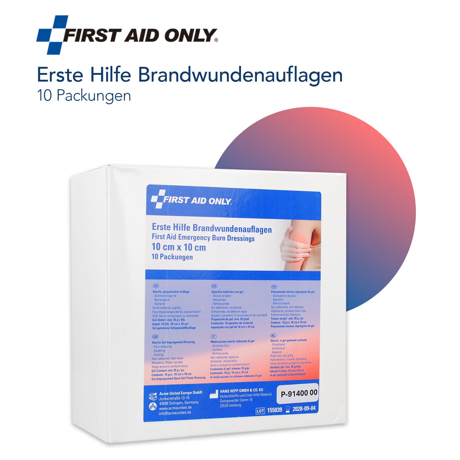 First Aid Only Brandwundenauflagen 10 Stück | 10er Packung Gel-Wundverband für Verbrennungen 10 x 10 cm | Einzeln & steril verpackt | Schmerzlindernd, beruhigend, kühlend | P-91400 00